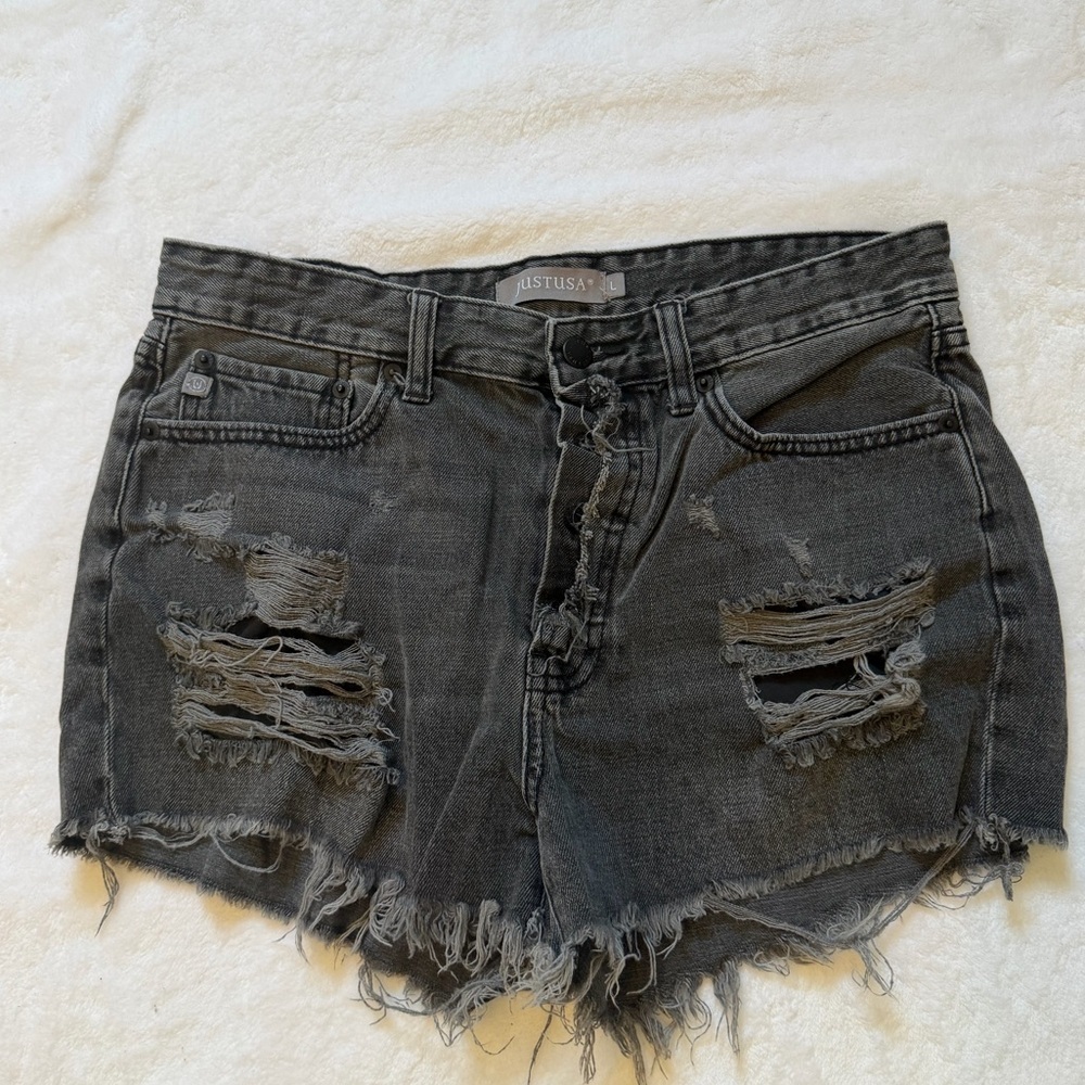 Just USA Women's Size L Charcoal Distressed Jean Shorts
